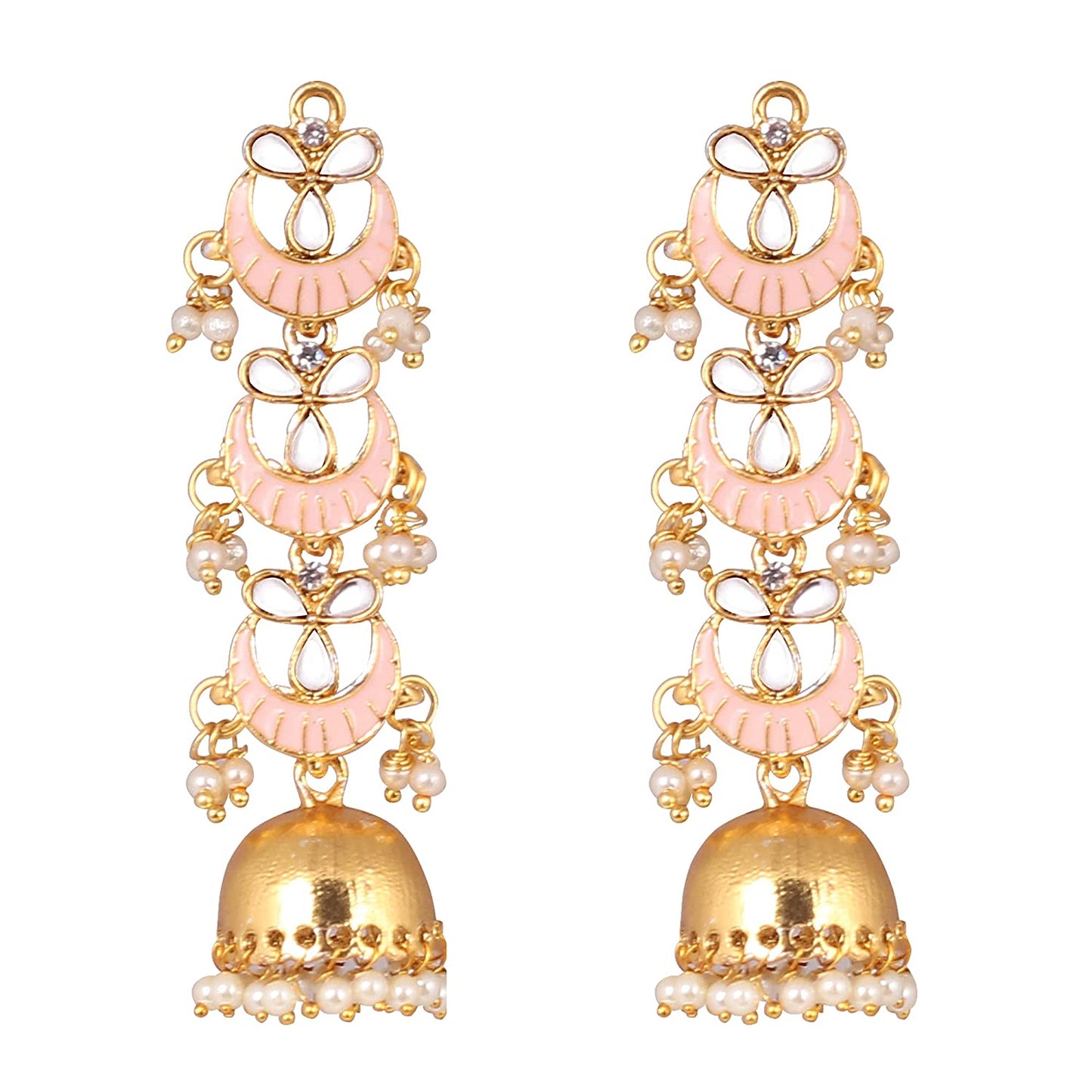 Pink Long Enamelled Kundan Pearls Jhumki Earring