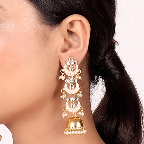 Pink & Gold Plated Long Enamelled Kundan Pearls Jhumki Earring