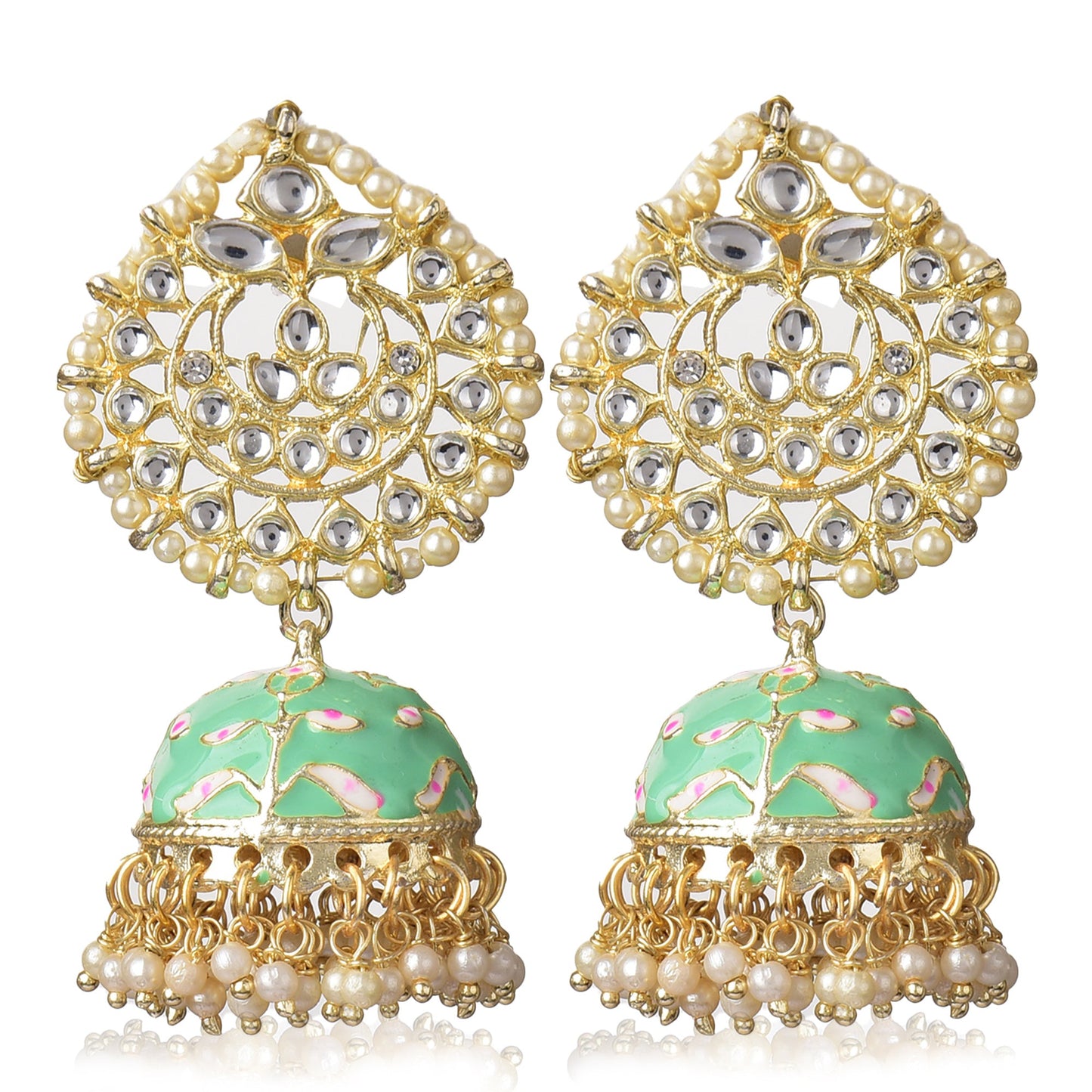 Pearl Gold Plated Kundan Meenakari Jhumka/Jhumki Earring