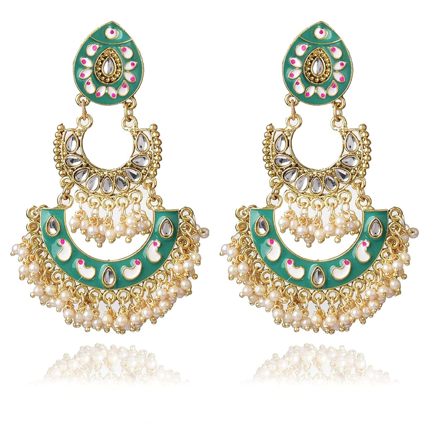 Gold Tone Enamel Handcrafted Pearl Dangle Earrings