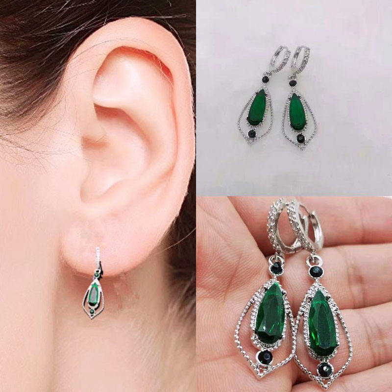 Big Geometric Green Emerald Drop Zircon hoop earring