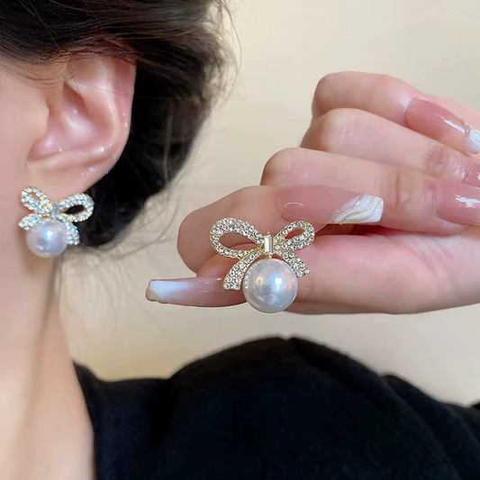Crystal Rhinestone Bow Stud Earring with Pearl Drop