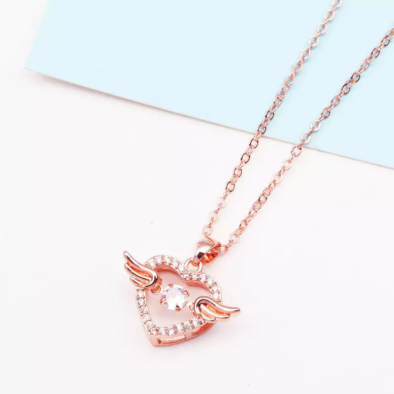 Moving Diamond Zircon Angel Wings Heart Pendant