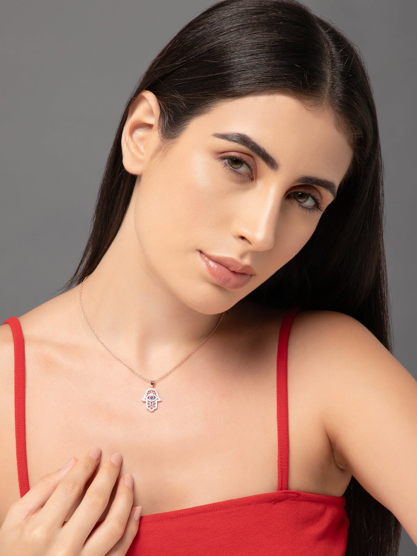 Hamsa Hand Evil Eye Zircon Pendant Necklace