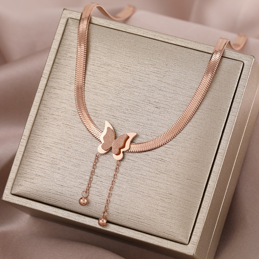 Butterfly Charm Herringbone Chain Choker Necklace