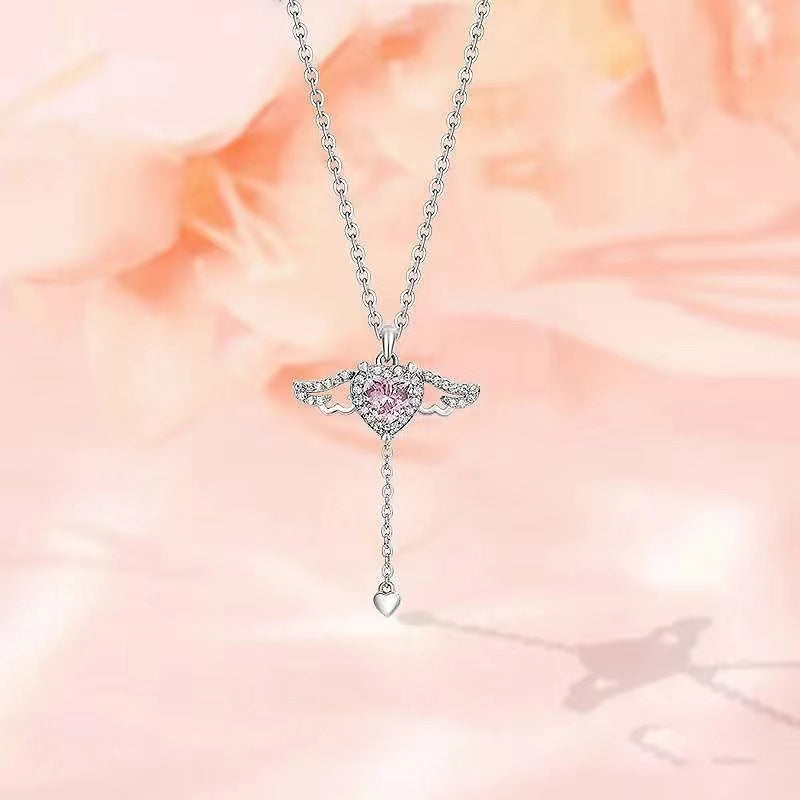 Movable Pink Crystal Zircon Diamond Love Heart Angel Wings Pendant Necklace