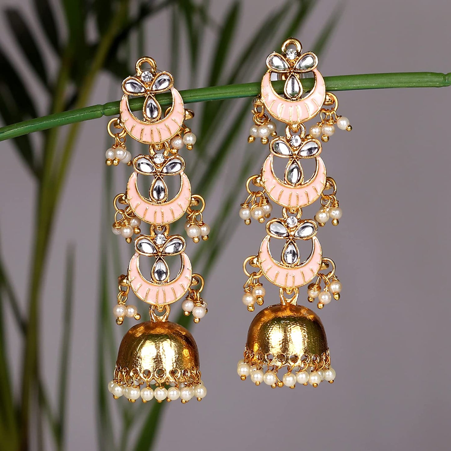 Pink Long Enamelled Kundan Pearls Jhumki Earring