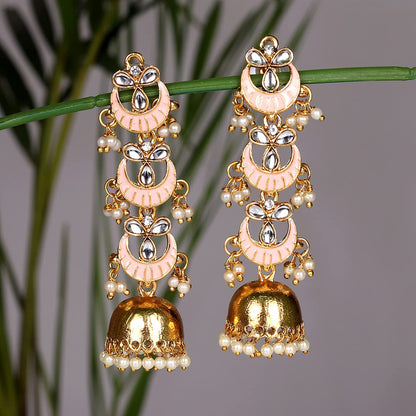 Pink Long Enamelled Kundan Pearls Jhumki Earring
