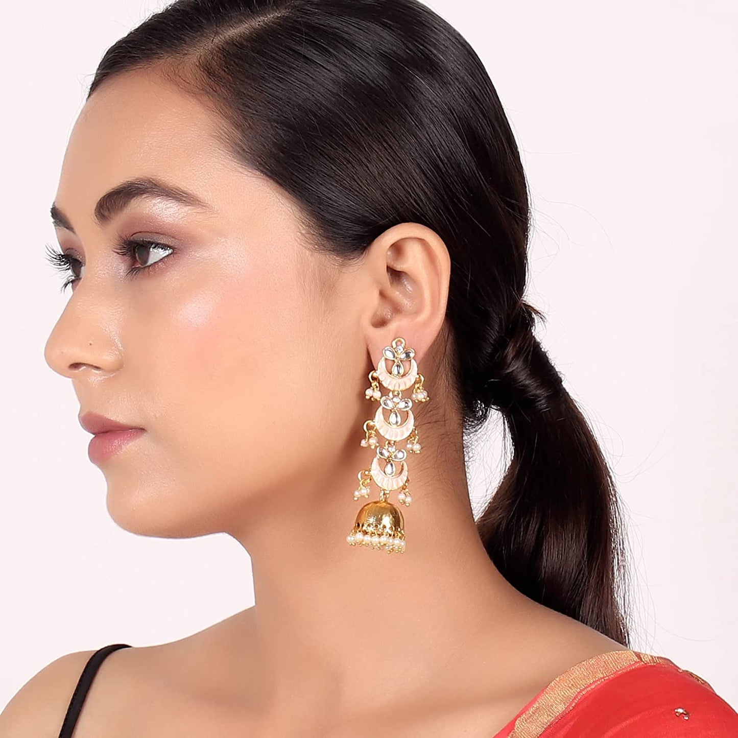 Pink Long Enamelled Kundan Pearls Jhumki Earring