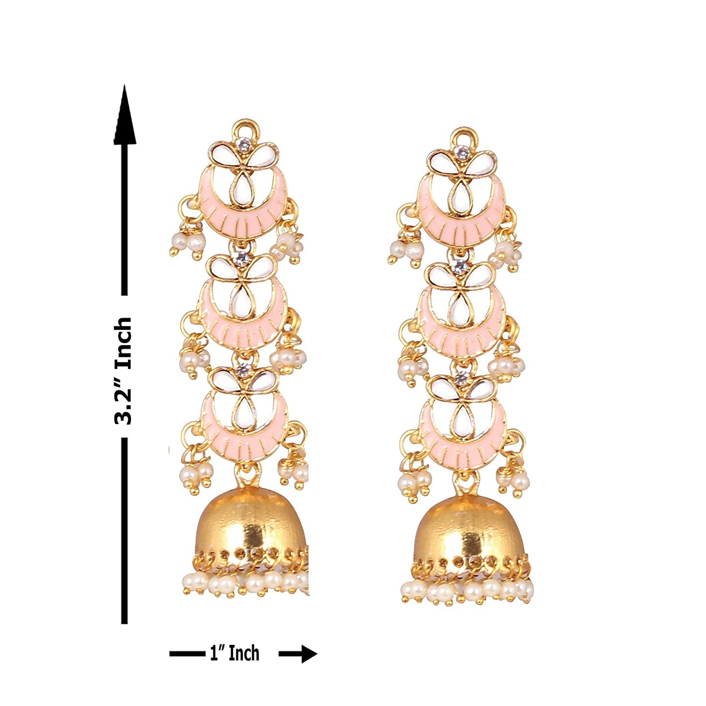 Pink Long Enamelled Kundan Pearls Jhumki Earring