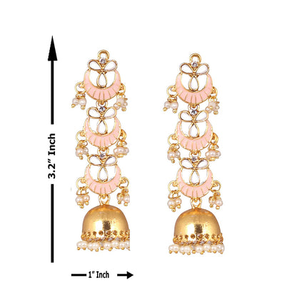 Pink Long Enamelled Kundan Pearls Jhumki Earring