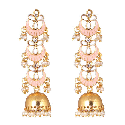 Pink Long Enamelled Kundan Pearls Jhumki Earring