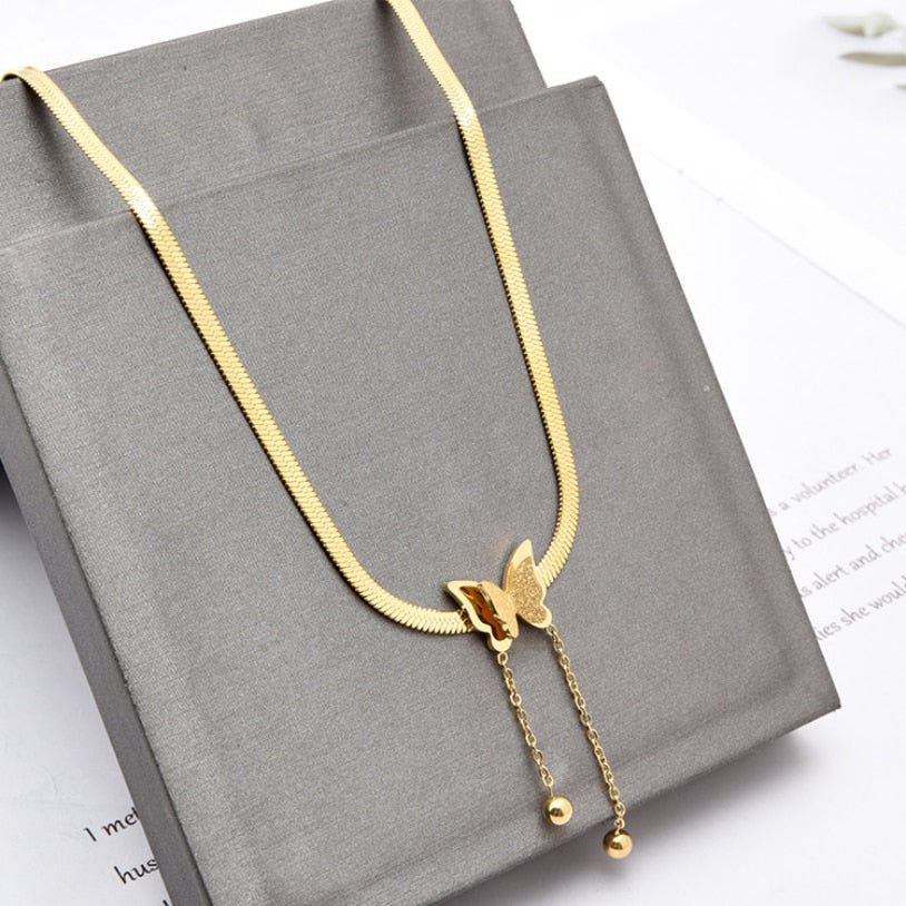 Butterfly Charm Herringbone Chain Choker Necklace