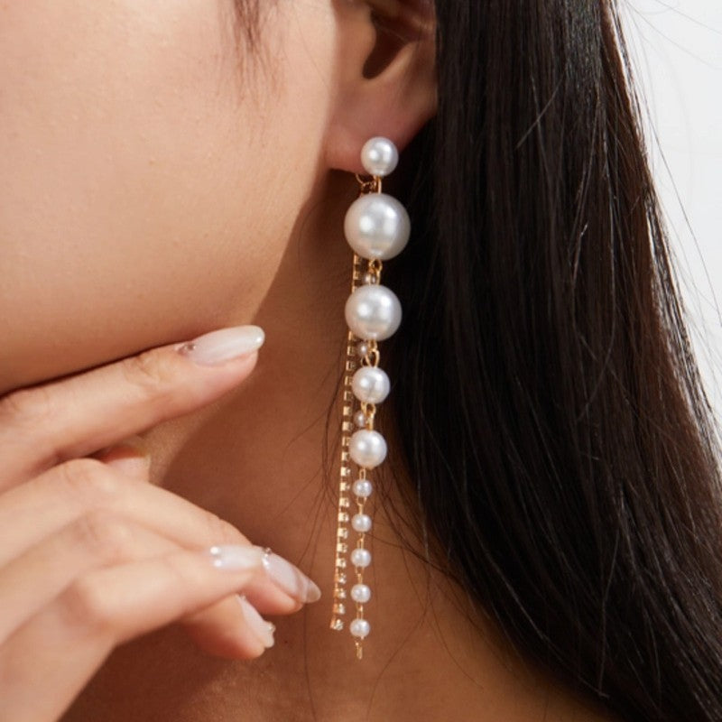 Long Pearl Earrings with Crystal Tassel Chain