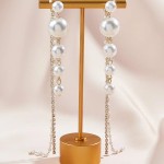 Long Pearl Earrings with Crystal Tassel Chain