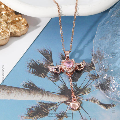 Movable Pink Crystal Zircon Diamond Love Heart Angel Wings Pendant Necklace