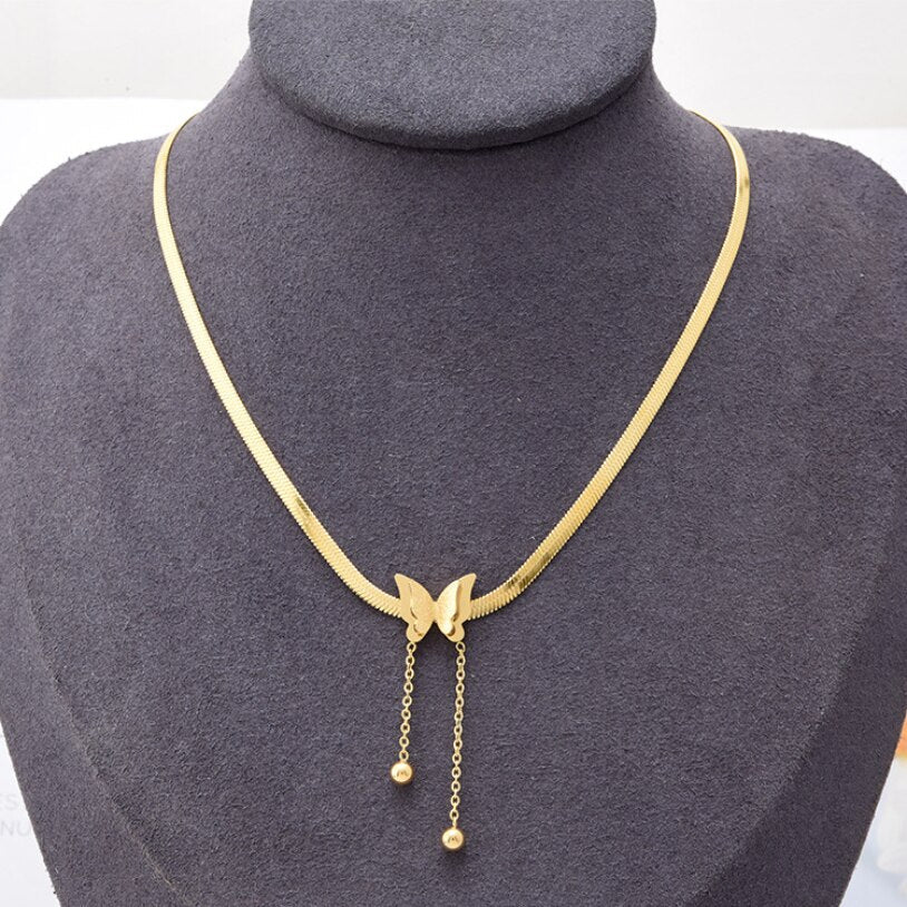 Butterfly Charm Herringbone Chain Choker Necklace