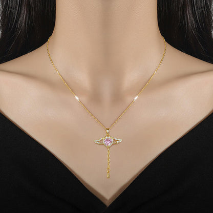 Movable Pink Crystal Zircon Diamond Love Heart Angel Wings Pendant Necklace