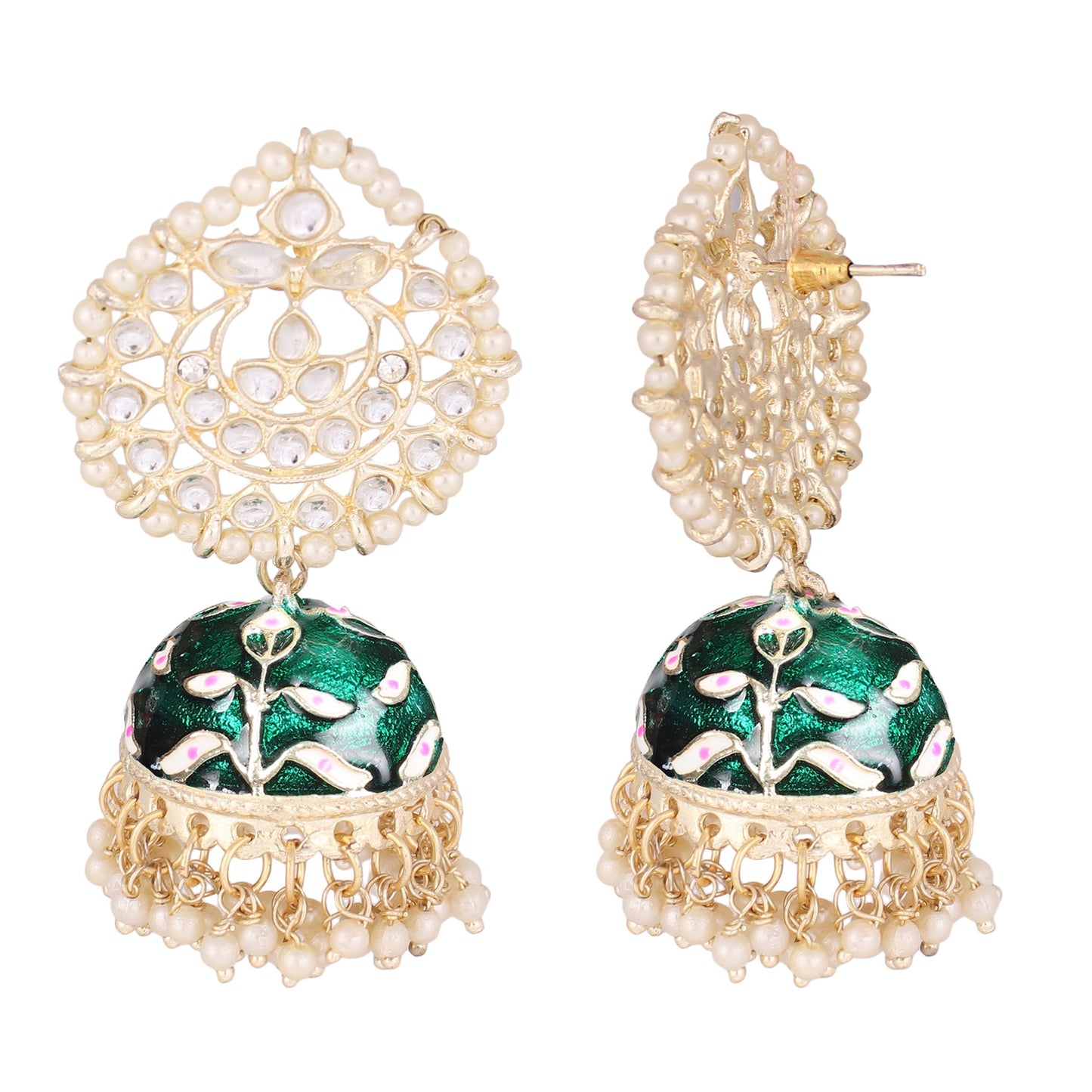 Pearl Gold Plated Kundan Meenakari Jhumka/Jhumki Earring
