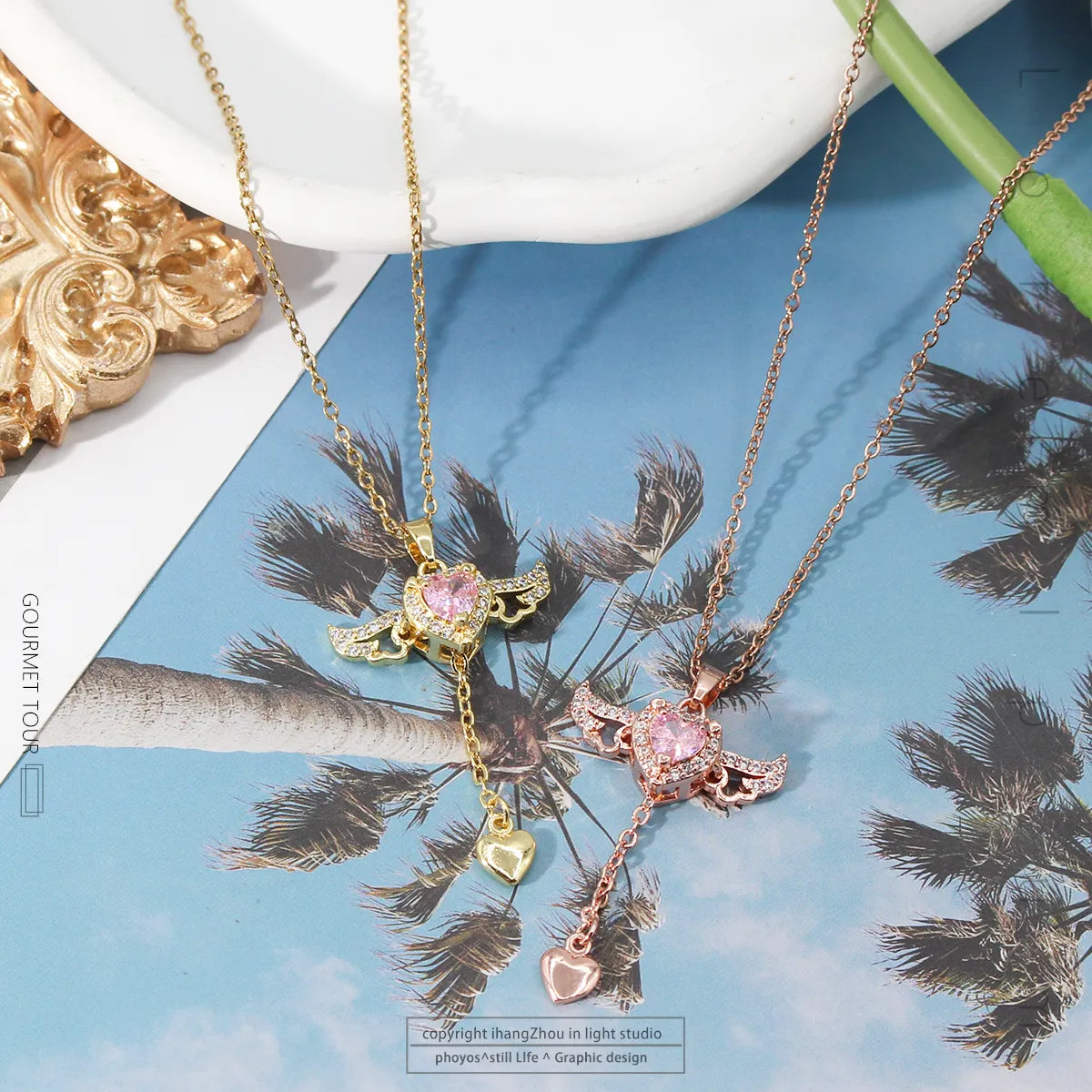 Movable Pink Crystal Zircon Diamond Love Heart Angel Wings Pendant Necklace