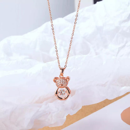 18K Rose Gold Plated Stainless Steel Zircon Moving Diamond Teddy Bear Necklace Pendant