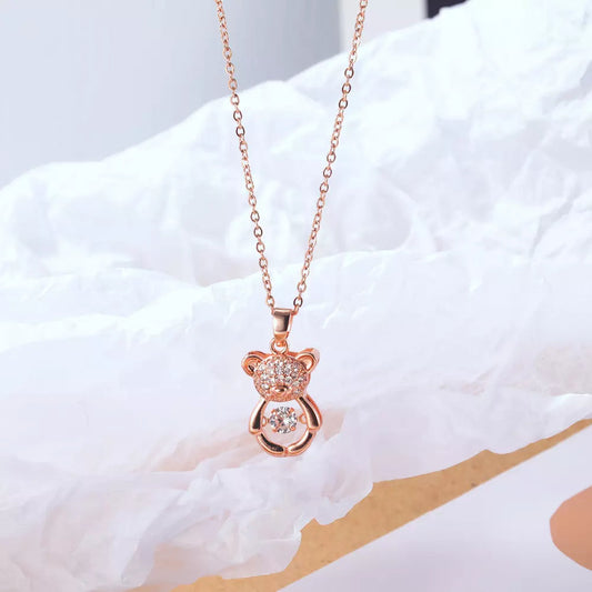 18K Rose Gold Plated Stainless Steel Zircon Moving Diamond Teddy Bear Necklace Pendant