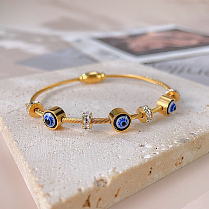Evil Eyes Zircon Bangle Stainless Steel Cable Bracelet
