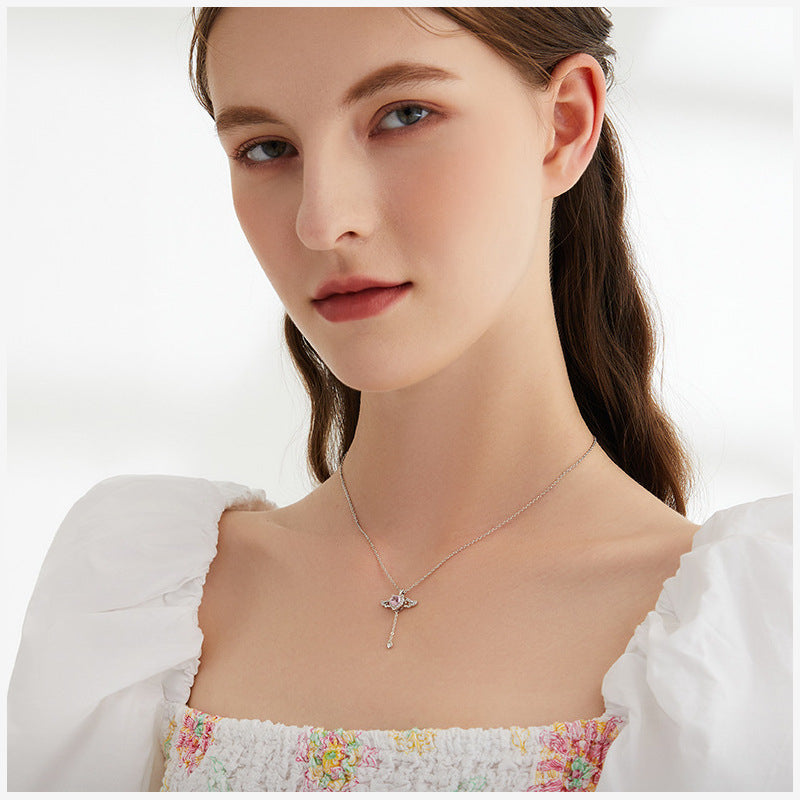 Movable Pink Crystal Zircon Diamond Love Heart Angel Wings Pendant Necklace