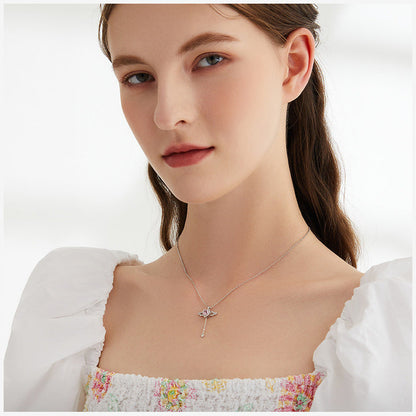 Movable Pink Crystal Zircon Diamond Love Heart Angel Wings Pendant Necklace