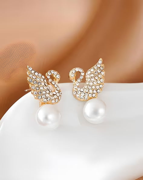 Crystal Swan Drop Earrings with Pearl