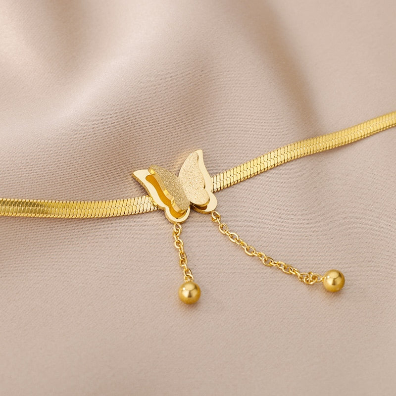 Butterfly Charm Herringbone Chain Choker Necklace
