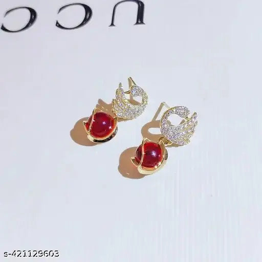 Red Simulated Pearl Drop, Crystal Swan Design