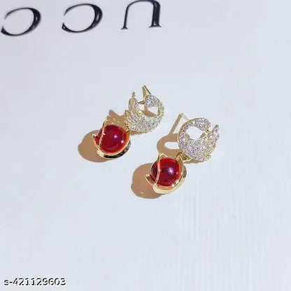 Red Simulated Pearl Drop, Crystal Swan Design