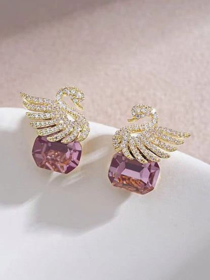 Ethonica Swan Stud Earrings with Purple Crystal Gemstone, Gold-Tone Pavé Rhinestone Wings.
