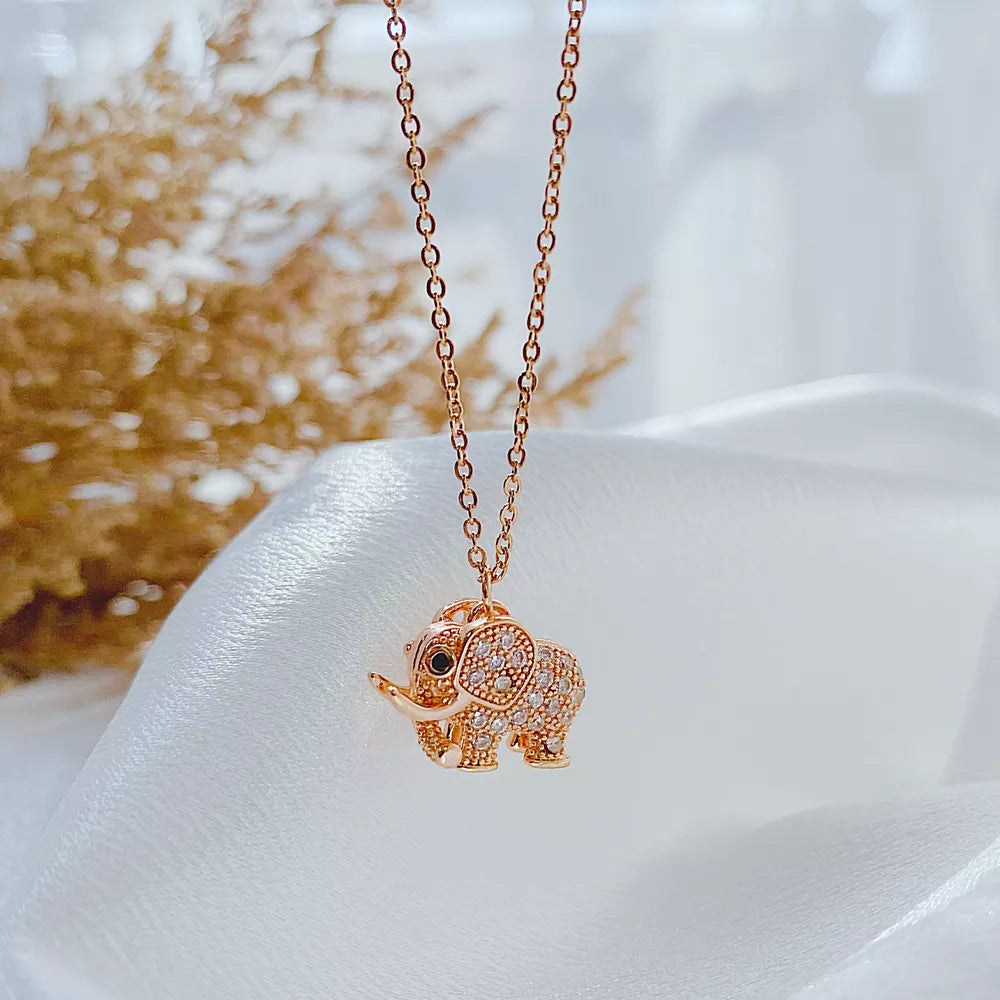 Diamond Bling Stainless Steel Zircon Cute Elephant Pendant Necklace