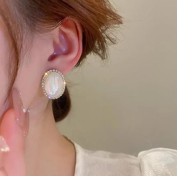Ethonica Oval Mother of Pearl Stud Earrings with Crystal Rhinestone Halo, Gold-Tone Setting