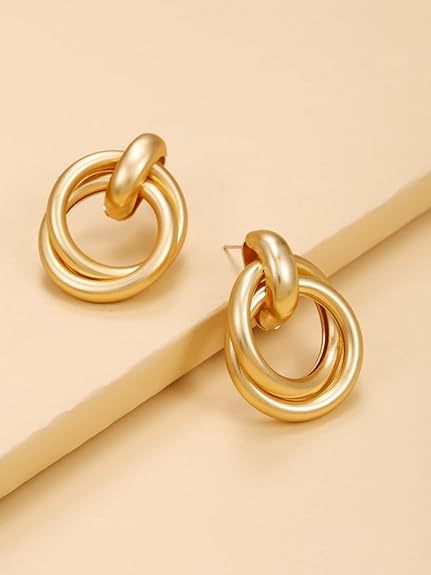 Ethonica Gold-Tone Double Hoop Drop Earrings, Interlinked Ring Dangle Style, Polished Finish