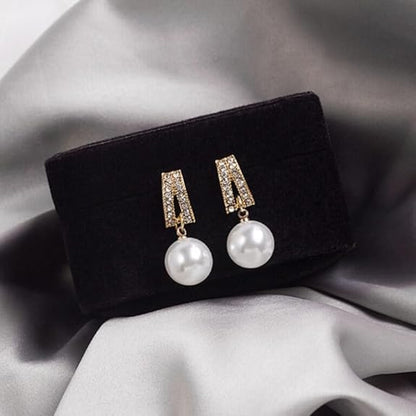 Ethonica Gold Plated Pearl Drop Earrings with Pavé Crystal Rhinestone Bar, Simulated Round White Pearl, Stud Post Closure