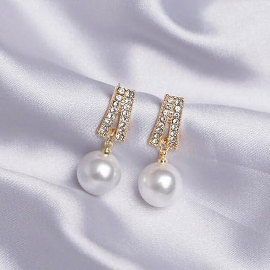 Ethonica Gold Plated Pearl Drop Earrings with Pavé Crystal Rhinestone Bar, Simulated Round White Pearl, Stud Post Closure