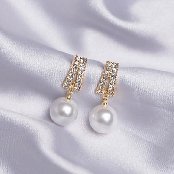 Ethonica Gold Plated Pearl Drop Earrings with Pavé Crystal Rhinestone Bar, Simulated Round White Pearl, Stud Post Closure
