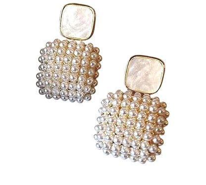 Ethonica Pearl Cluster Square Drop Stud Earrings, Gold Plated, Simulated Pearl