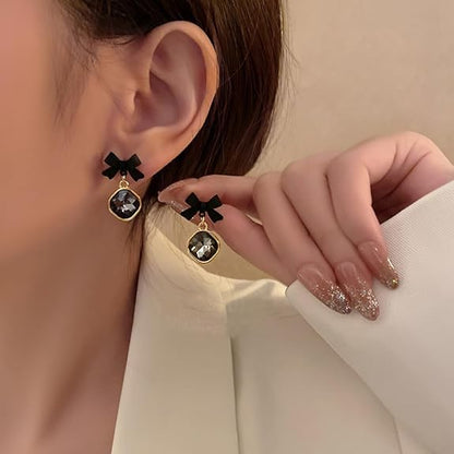Bow Stud Drop Earring, Black Crystal