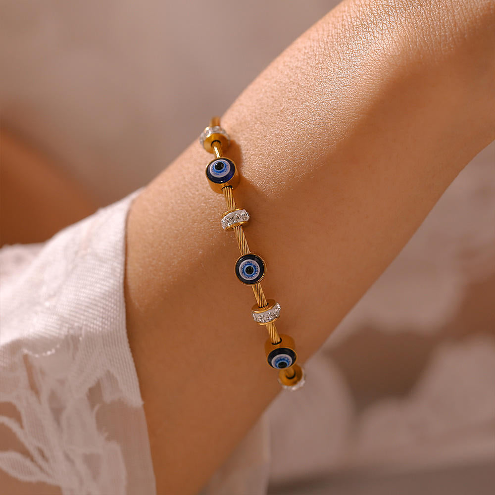 Evil Eyes Zircon Bangle Stainless Steel Cable Bracelet