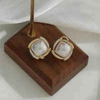 Square Opalescent Stone Stud Earrings with Gold-Tone Frame and Crystal Accents