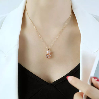 18K Rose Gold Plated Stainless Steel Zircon Moving Diamond Teddy Bear Necklace Pendant