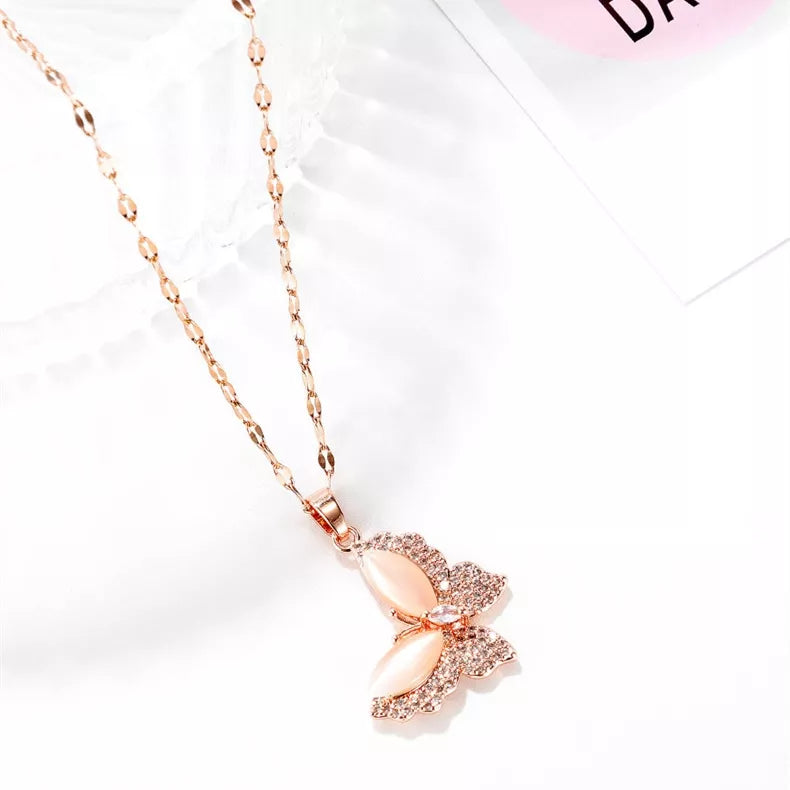 18k Gold Plated Non Tarnish Zircon Diamond Opal Butterfly necklace pendant