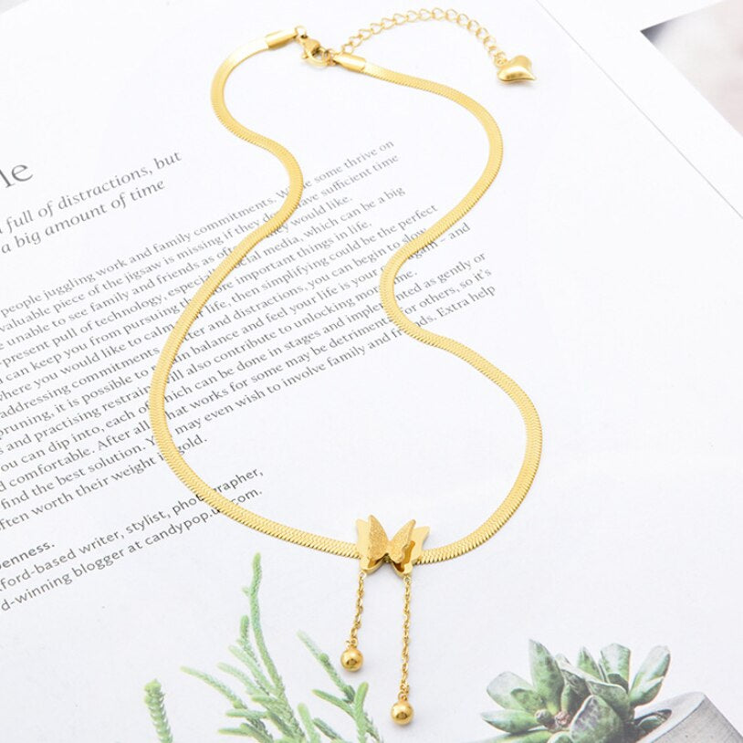 Butterfly Charm Herringbone Chain Choker Necklace