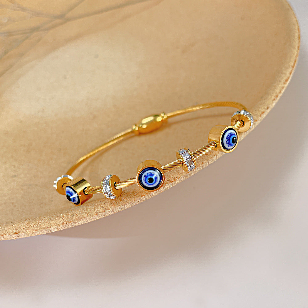 Evil Eyes Zircon Bangle Stainless Steel Cable Bracelet