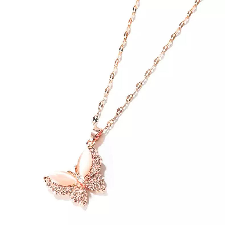 18k Gold Plated Non Tarnish Zircon Diamond Opal Butterfly necklace pendant