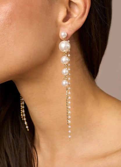 Long Pearl Earrings with Crystal Tassel Chain